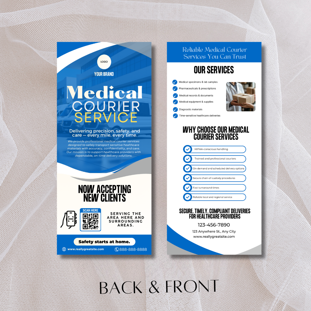 Medical Courier Services Rack Card Template | Healthcare Delivery Flyer | HIPAA Courier Marketing | Medical Transport Advertising | Canva Editable (Copy)