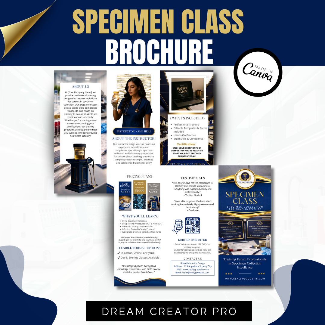 Specimen Collection Course Brochure Template | Drug Testing Training Flyer | Mobile Lab Certification Canva Template