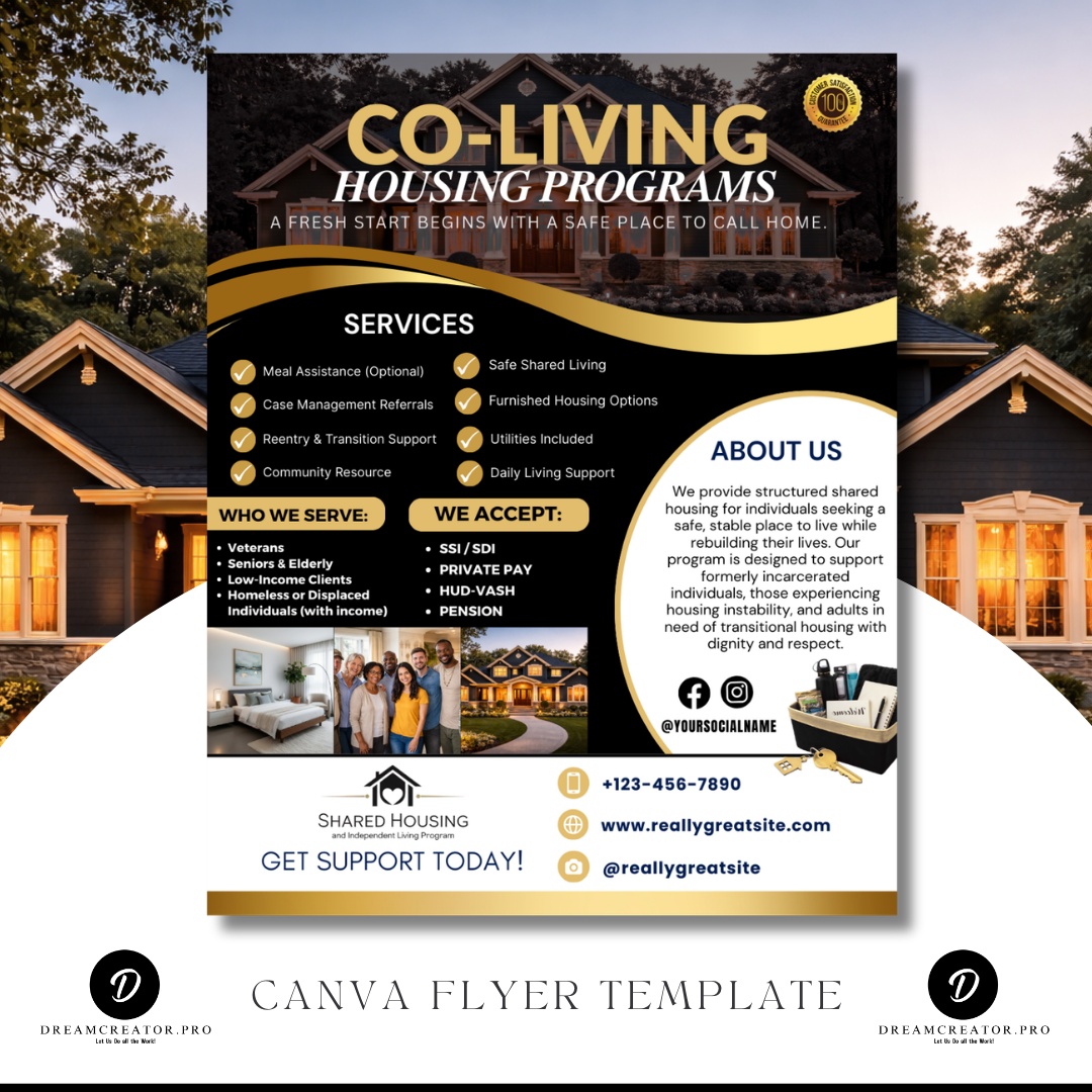 Shared Housing Flyer Template | Affordable Living Canva Flyer | Transitional Housing Room Rental Ad | Editable Design