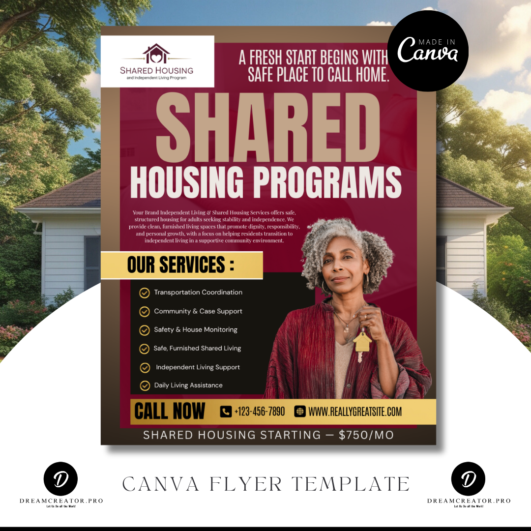 Shared Housing Flyer Template | Affordable Living Canva Flyer | Transitional Housing Room Rental Ad | Editable Design (Copy)