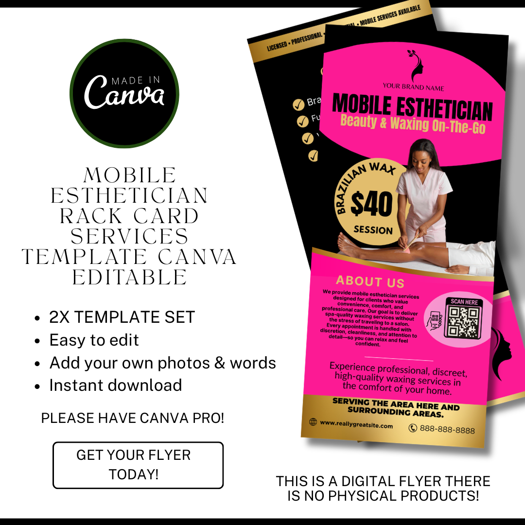 Mobile Esthetician Rack Card Printable | Waxing On-The-Go Marketing | Beauty Business Rack Card | Brazilian Wax Promo | Canva Template