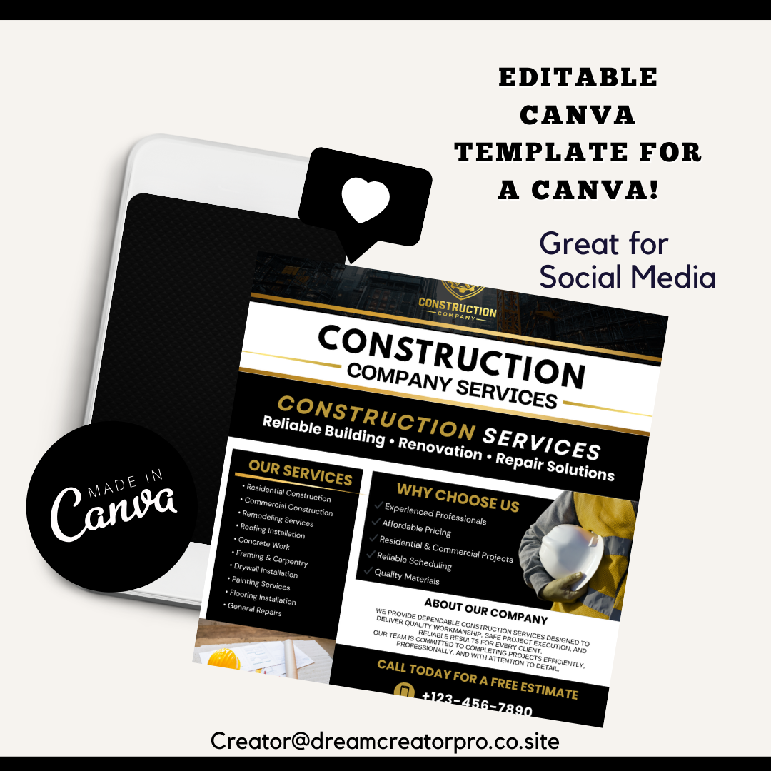 Construction Canva Template Bundle | Flyer Brochure Tear Off Flyer Business Card Rack Card Yard Sign Contractor Marketing Kit