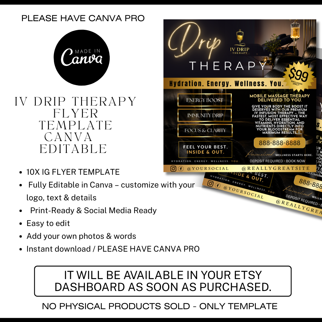 IV Drip Therapy Flyer Template | Editable Canva Design | Hydration, Vitamin Infusion & Wellness Service Marketing Flyer