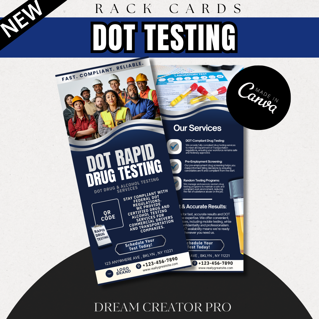 DOT Testing Rack Card Canva Template | Editable Printable Rack Card for Drug Testing, DNA, Compliance & Mobile Lab Services / lab marketing