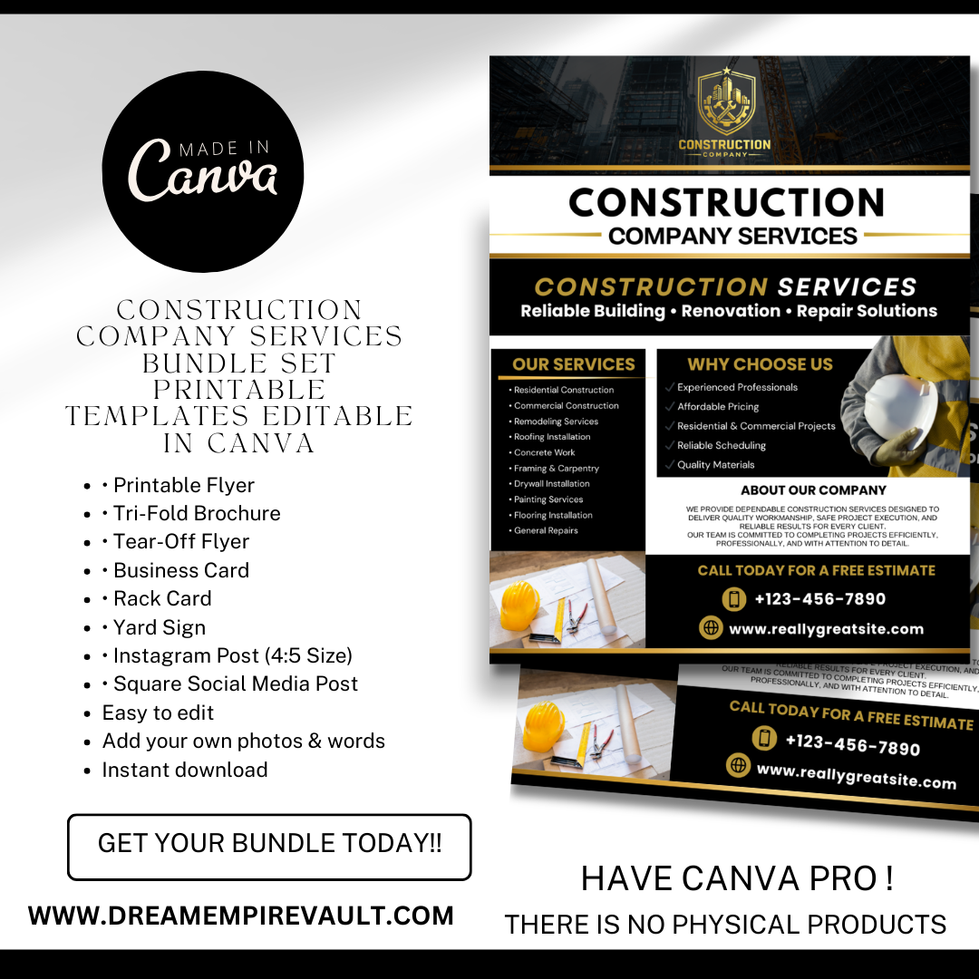 Construction Canva Template Bundle | Flyer Brochure Tear Off Flyer Business Card Rack Card Yard Sign Contractor Marketing Kit