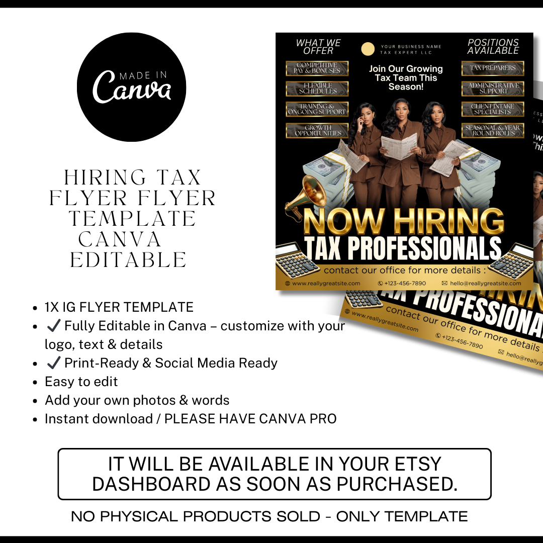 Now Hiring Tax Professionals Flyer Template | Tax Team Recruitment Canva Template | Tax Office Hiring Ad (Copy)