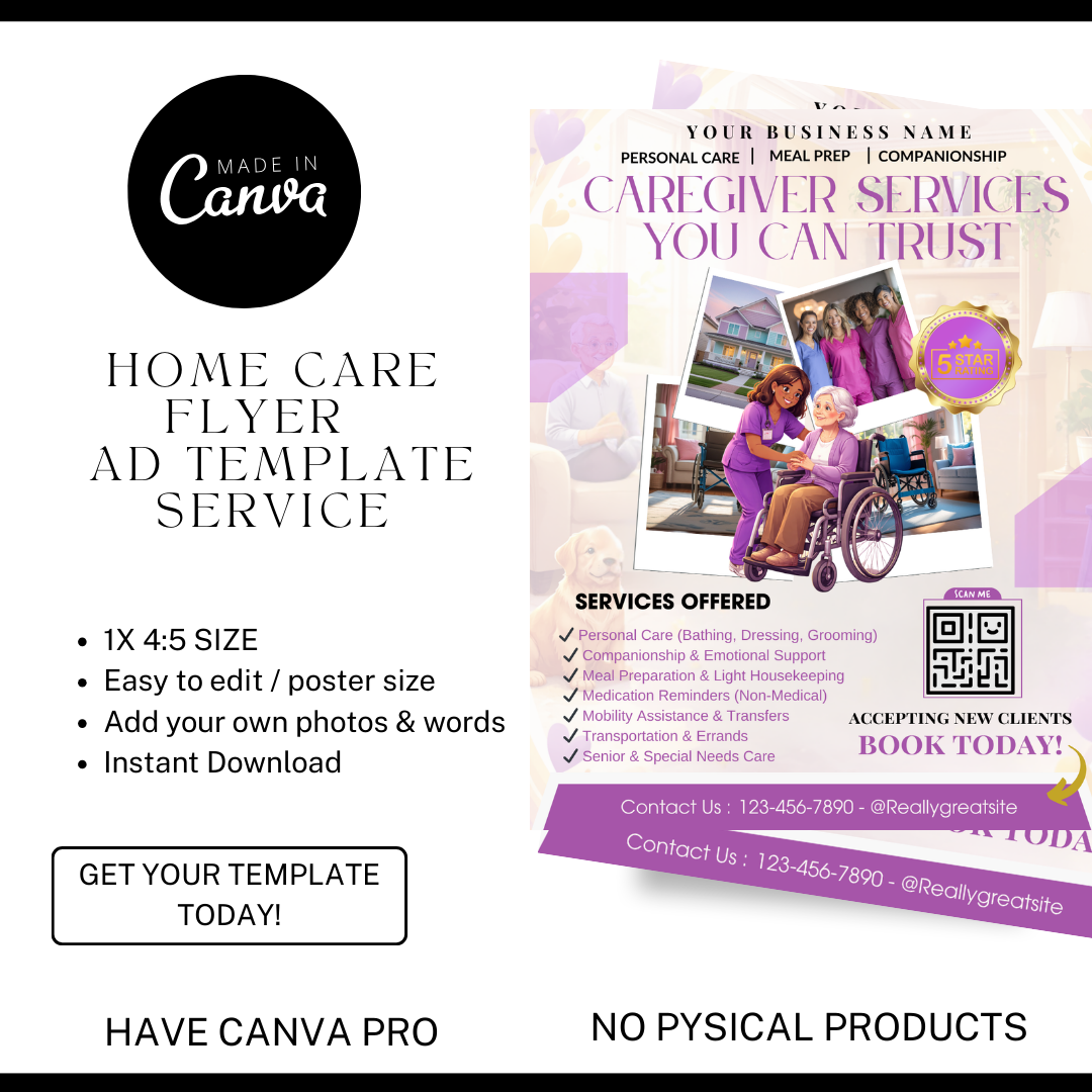 Home Care Service Flyer / DIY Home Care Service Flyer/ Canva Template 2026 / Medical Template / Medical flyer / Medical flyer Template / CNA