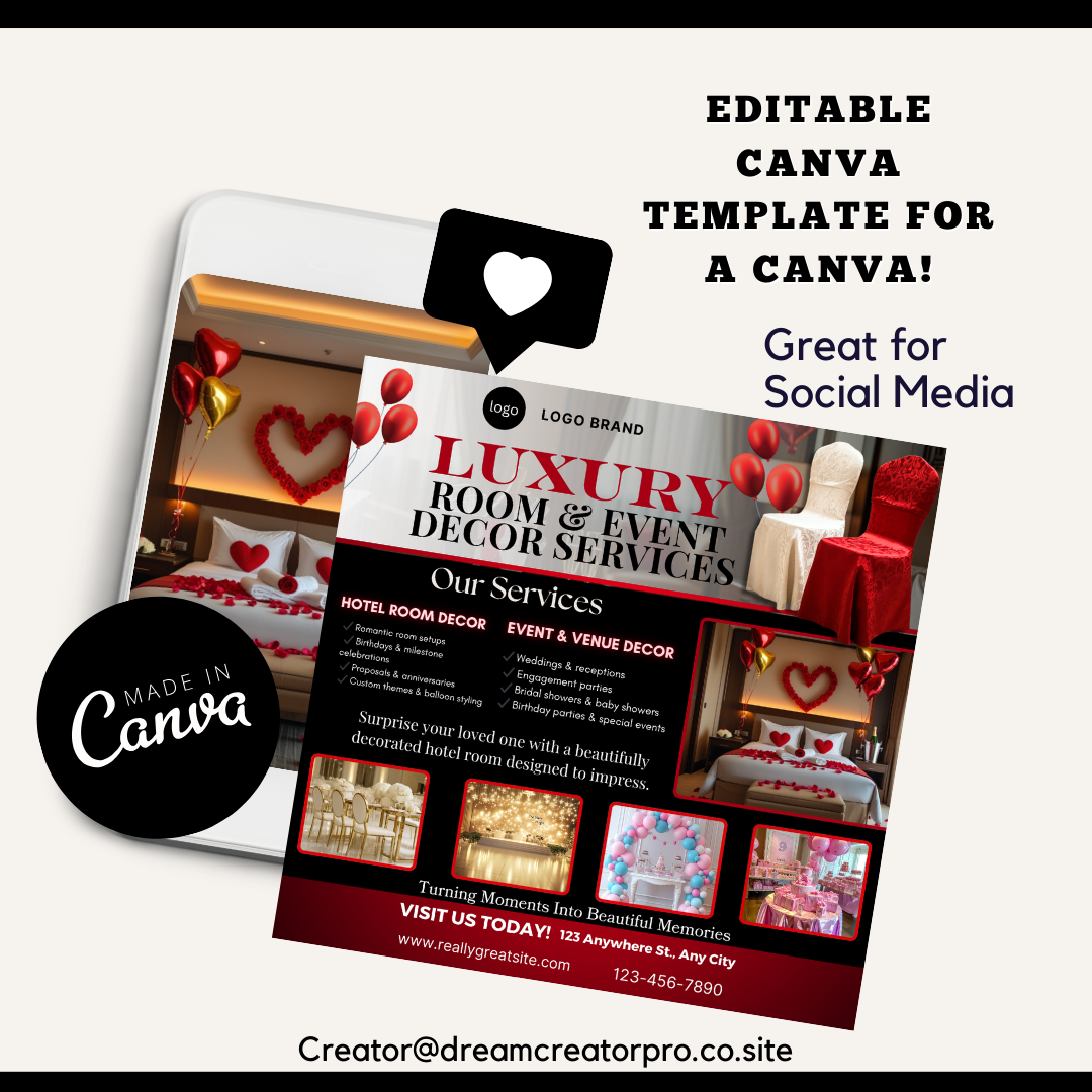 Hotel Room Event Decor flyer Template | Wedding, Proposal Party Decor Canva Design | Luxury Room Setup Marketing