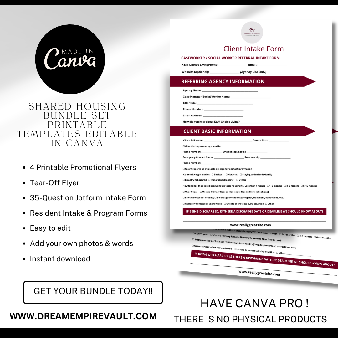 Shared Housing Bundle Canva Template | Transitional Housing Forms + Flyers | Resident Intake Packet | Jotform Intake Form | Independent Living Program Kit