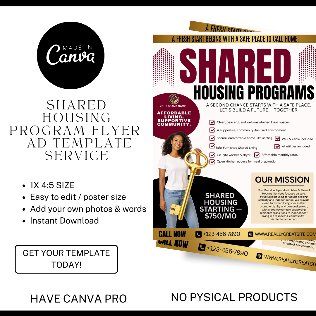 Shared Housing Flyer Template | Affordable Living Canva Flyer | Transitional Housing Room Rental Ad | Editable Design