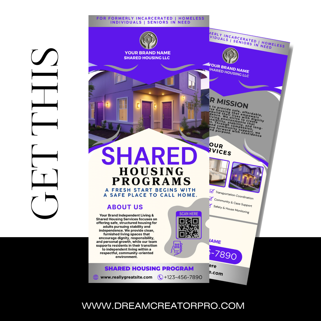 Shared Housing Rack Card Template | Independent Living & Reentry Housing Canva Marketing Card Design (Copy)