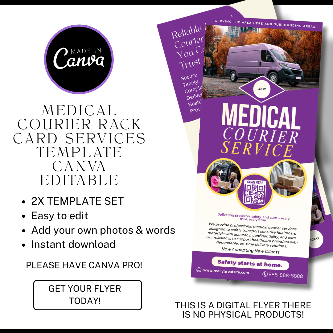 Medical Courier Services Rack Card Template | Healthcare Delivery Flyer | HIPAA Courier Marketing | Medical Transport Advertising | Canva Editable