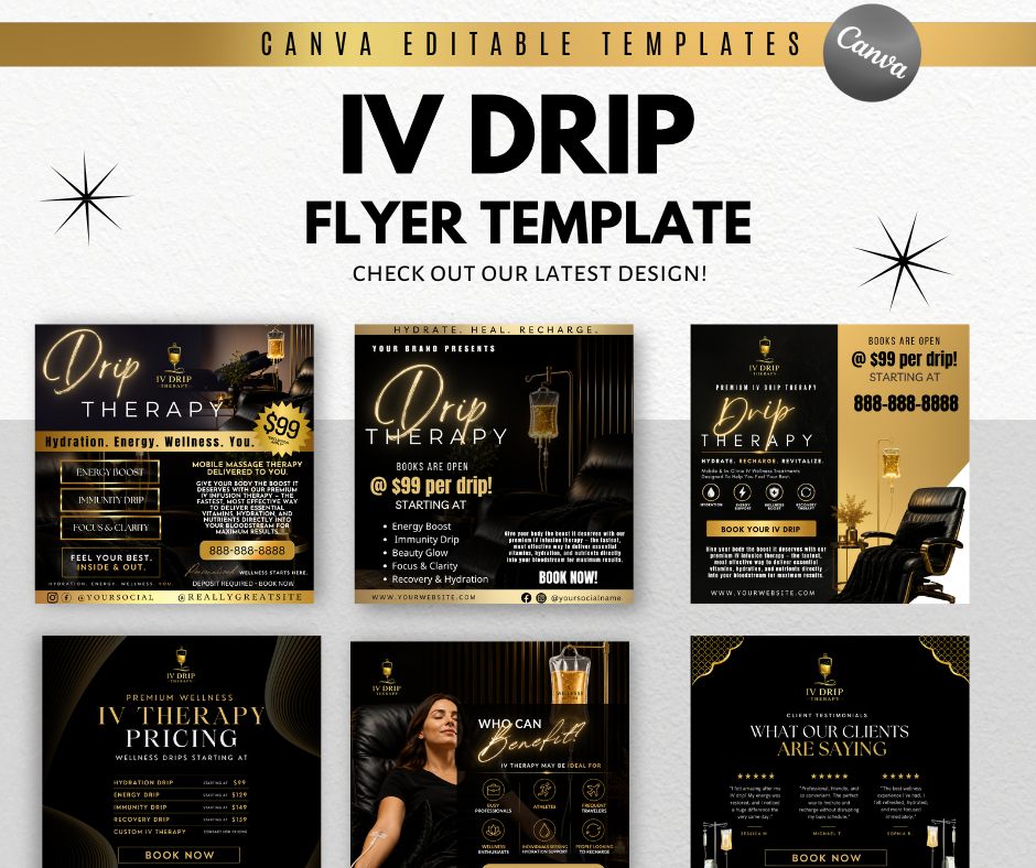 IV Drip Therapy Flyer Template | Editable Canva Design | Hydration, Vitamin Infusion & Wellness Service Marketing Flyer