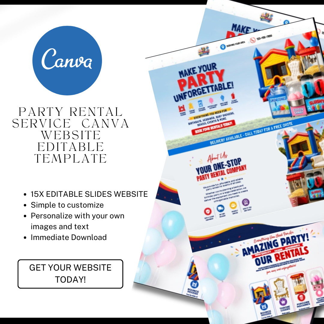 Party Rental Website Template | Bounce House Rental Canva Website | Event Equipment Rental Business Website | Editable Canva Design