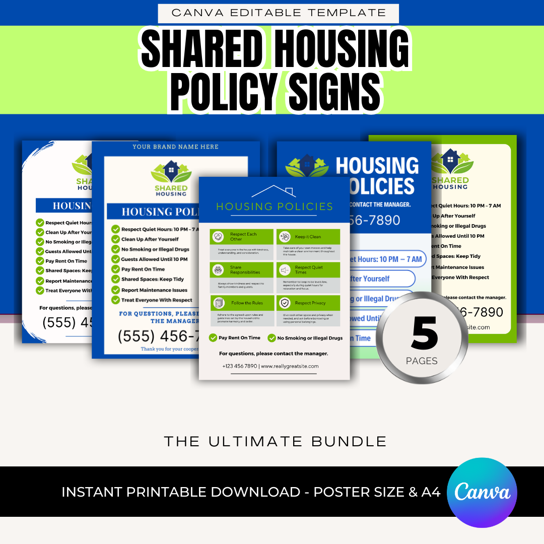 Shared Housing Policy Signs Printable | Independent Living House Rules Posters | Transitional Housing Program Wall Sign | Editable Canva Set