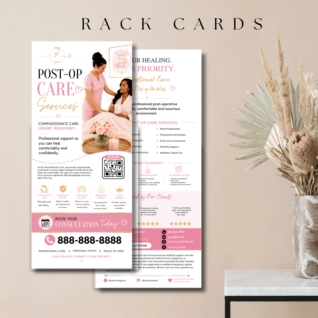 Post Op Care Canva Template Bundle | Luxury Recovery Business Branding Kit | Editable Website, Flyers, Brochure & Social Media Templates
