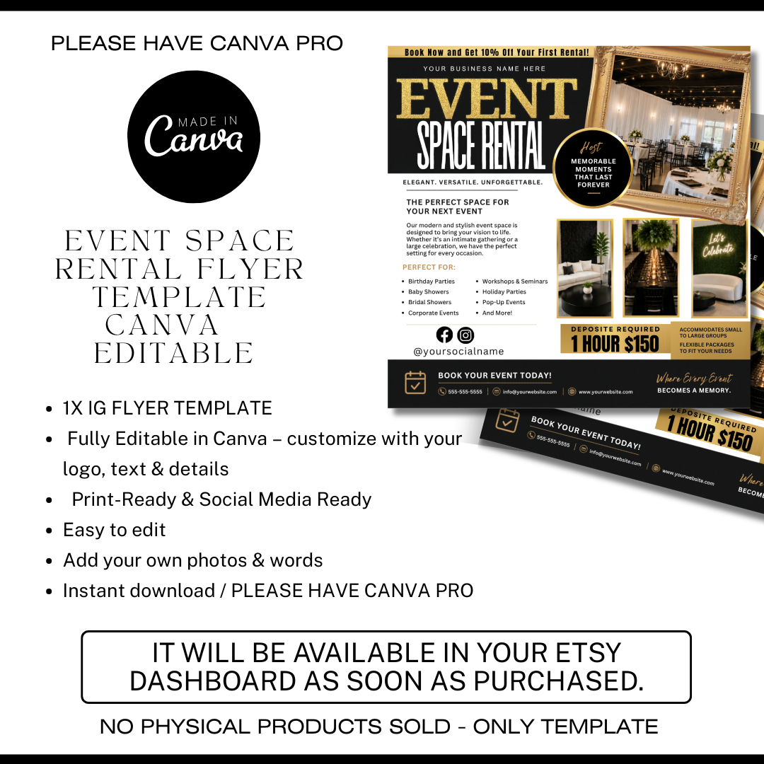 Event Venue Rental Flyer / Event Space Rentals Flyer Template / Event Hosting / Digital Flyer / Canva ig / Space Booking / Meeting Space
