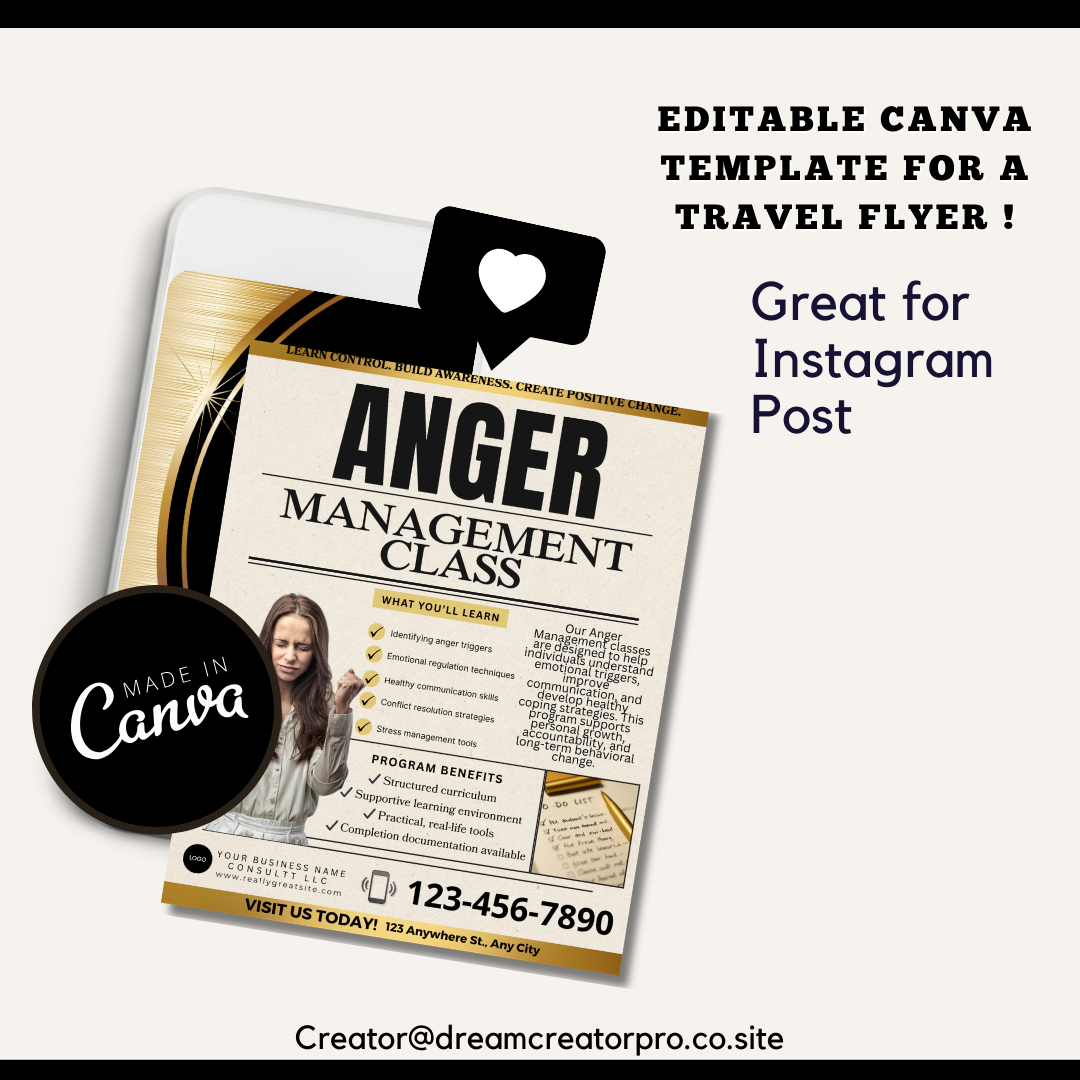 Anger Management Class Flyer | Court Approved Anger Management Program | Editable Canva Template | Counseling & Life Skills Flyer (Copy)