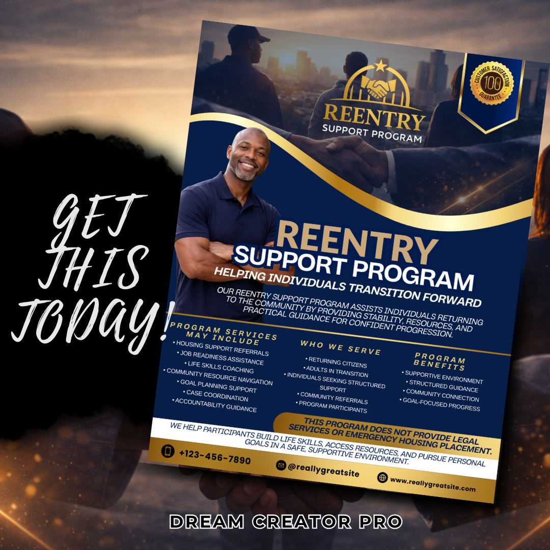 Reentry Program Flyer Template | Editable Canva Community Support Flyer | Returning Citizens Program Marketing Flyer
