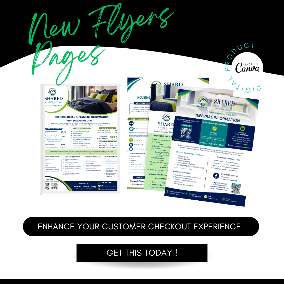 Shared Housing Marketing Bundle Canva Templates | Referral Sheet, Pricing Guide & Rack Card | Transitional Housing | ILF Marketing Kit