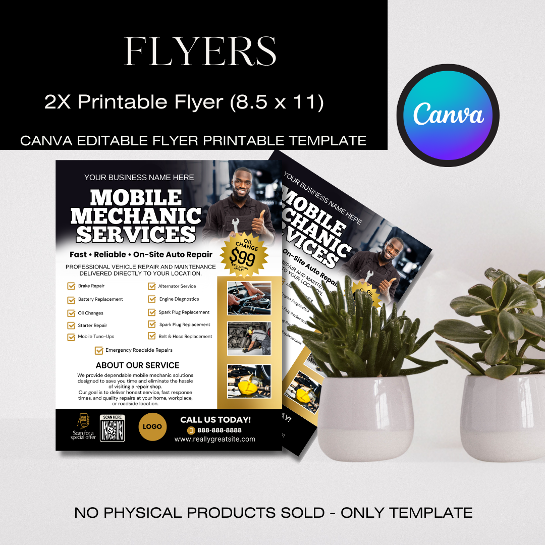 Mobile Mechanic Canva Template Bundle | Flyer Brochure Tear Off Flyer Business Card Rack Card Yard Sign Instagram Auto Repair Marketing Kit
