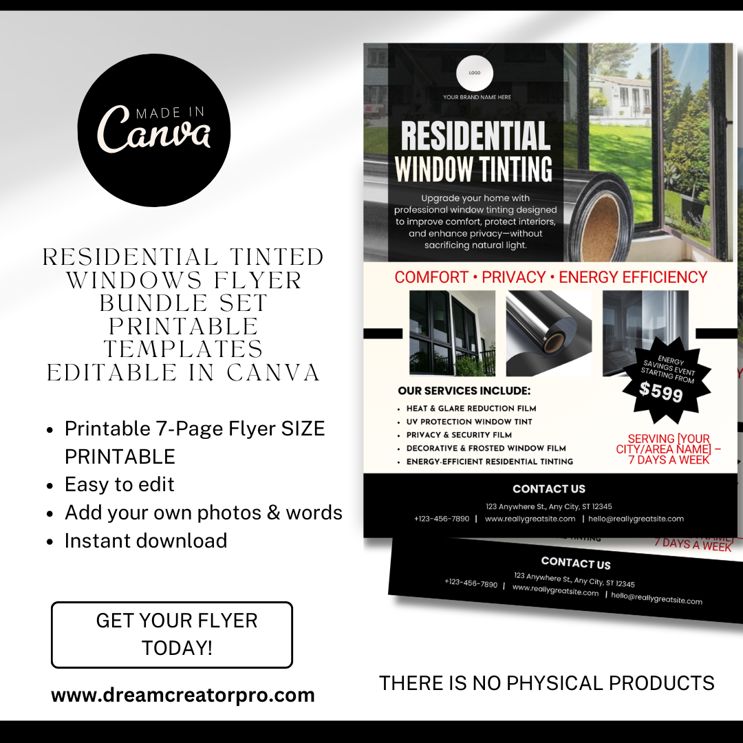 Residential Window Tinting Flyer Template | Home Window Tinting Marketing | Privacy & UV Protection Flyer | Editable Canva Tinting Flyer