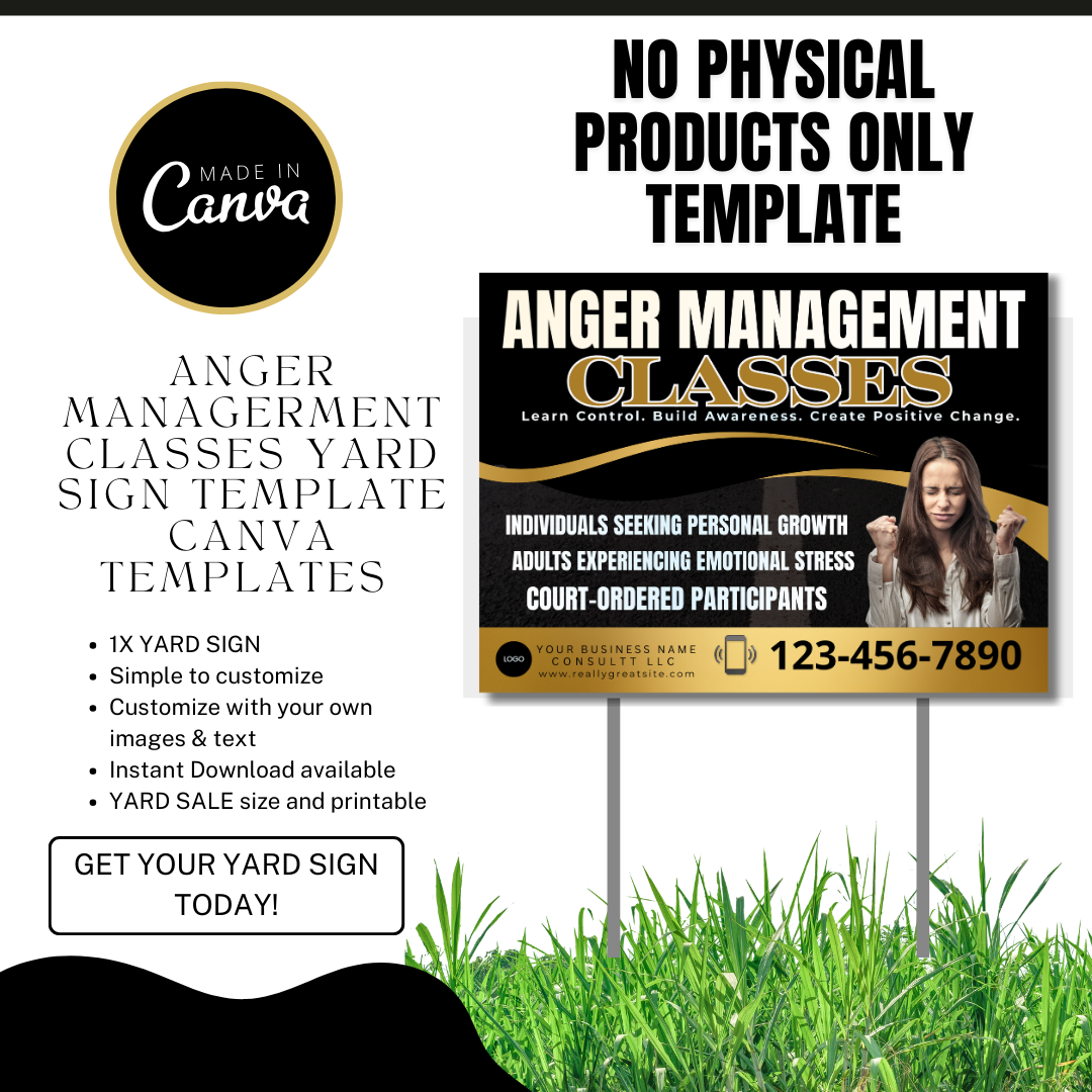 Anger Management Class Yard Sign| Court Approved Anger Management Program | Editable Canva Template | Counseling & Life Skills Printable