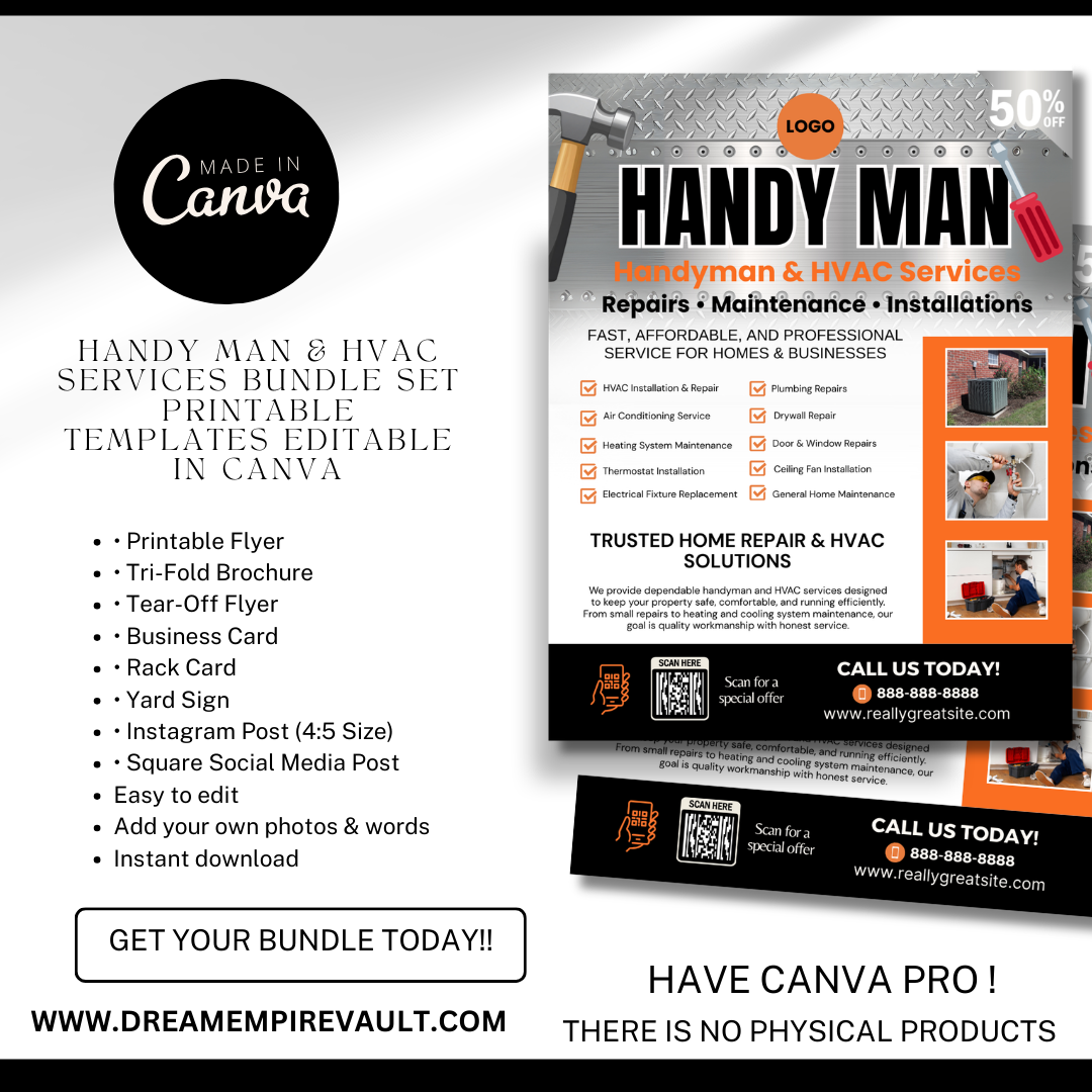 Handyman HVAC Marketing Bundle Canva Template | Flyer, Brochure, Tear Off Flyer, Business Card, Rack Card, Yard Sign, Instagram Post Editable Template