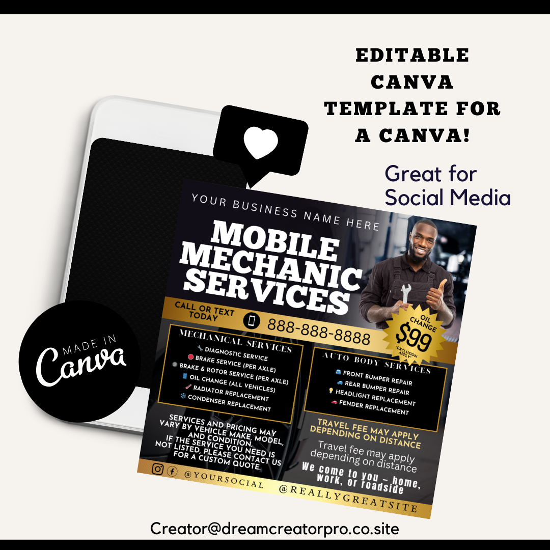 Mobile Mechanic Canva Template Bundle | Flyer Brochure Tear Off Flyer Business Card Rack Card Yard Sign Instagram Auto Repair Marketing Kit