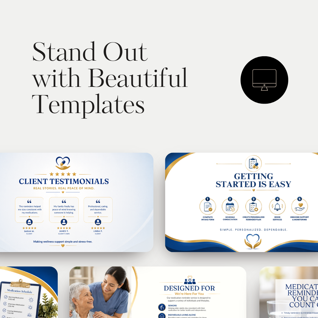 Medication Reminder Website Template | Healthcare Canva Website | Senior Wellness Website Design | Medication Management Landing Page