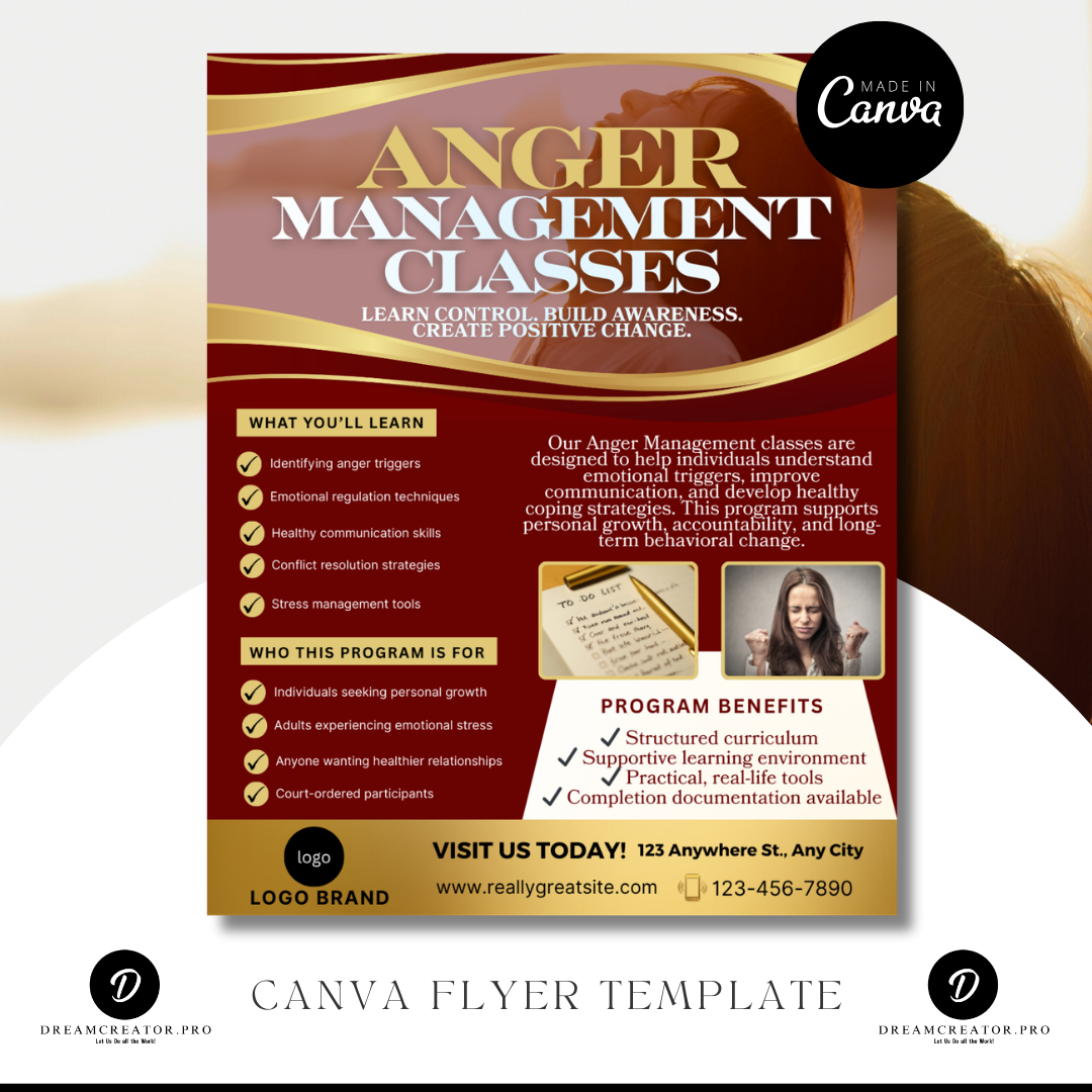 Anger Management Class Flyer | Court Approved Anger Management Program | Editable Canva Template | Counseling & Life Skills Flyer