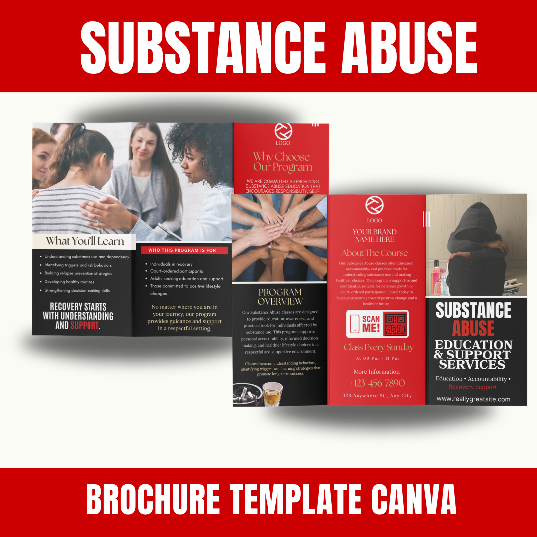Substance Abuse Brochure Template | Addiction Education Program | Court Ordered Classes Flyer | Canva Editable Tri-Fold Brochure