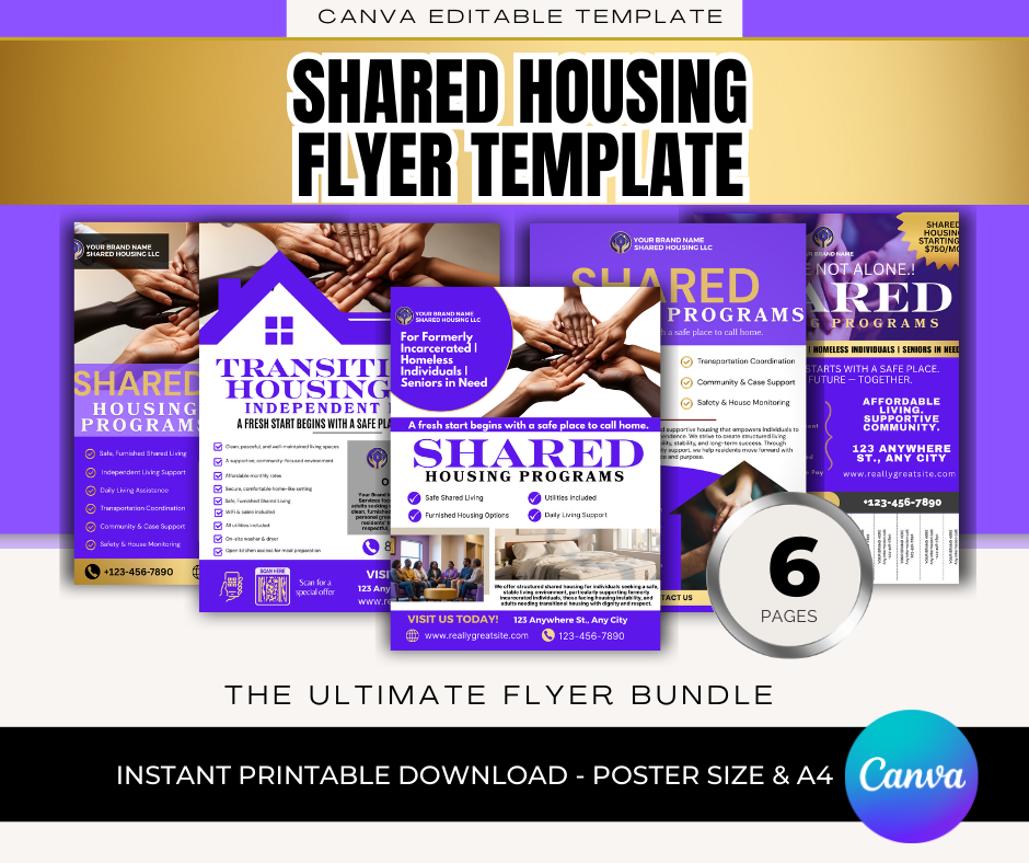Shared Housing & Independent Living Printable Flyer Bundle | Transitional Housing Canva Templates | Reentry, Seniors & Supportive Living