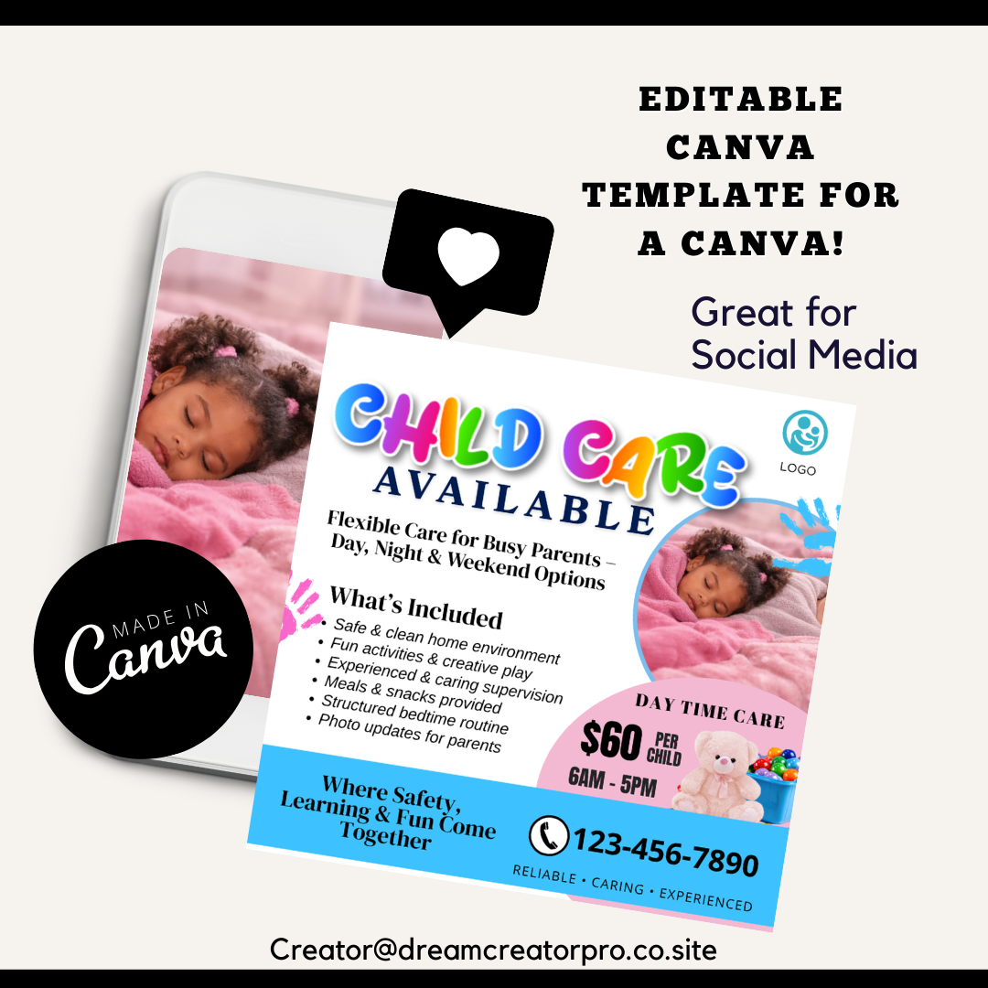 Child Care Flyer Template | Babysitting Flyer | Daycare Marketing | Overnight & Drop-In Care | Editable Canva Childcare Flyer