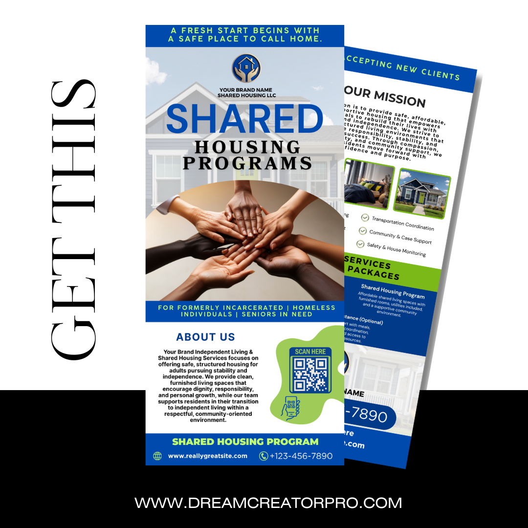 Shared Housing Rack Card Template | Independent Living & Reentry Housing Canva Marketing Card Design (Copy) (Copy)