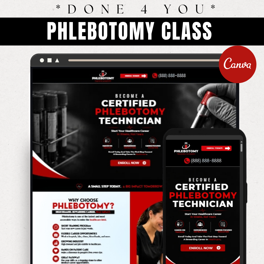 Phlebotomy Class Website Template | Medical Training School Canva Website | Healthcare Education Landing Page | Editable Website Design