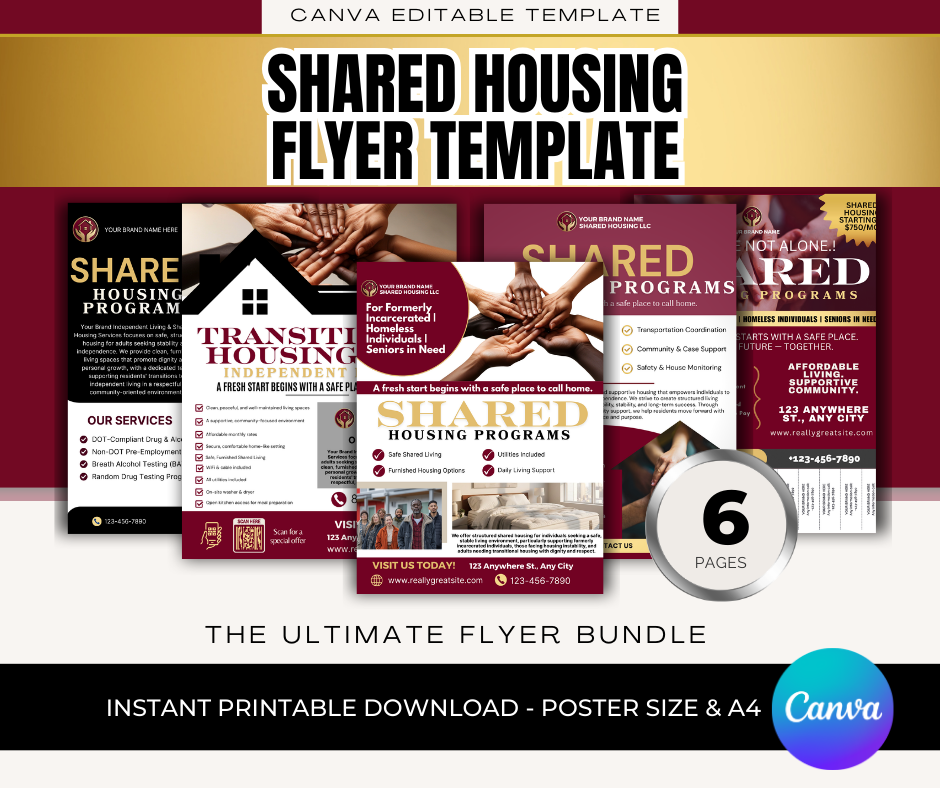 Shared Housing & Independent Living Printable Flyer Bundle | Transitional Housing Canva Templates | Reentry, Seniors & Supportive Living