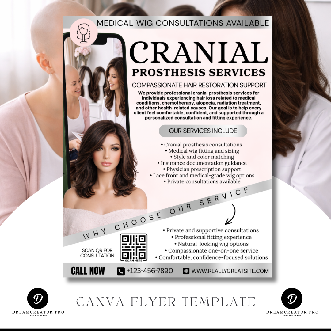 Cranial Prosthesis Service Flyer Template | Editable Canva Medical Wig Flyer | Hair Loss Consultation Marketing Template