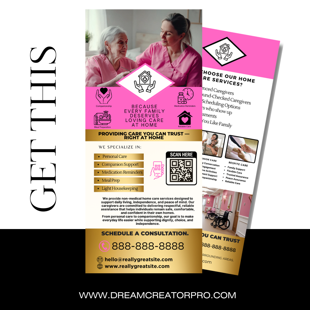 Home Care Service Rack Card / DIY Home Care Service Flyer/ Pink Home Care senior / Medical Template / Medical / Home Care / CNA / Printable