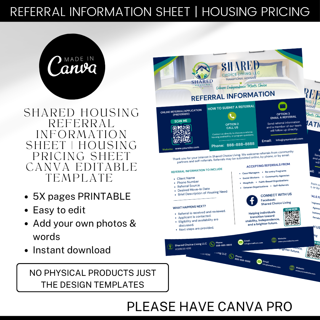Shared Housing Marketing Bundle Canva Templates | Referral Sheet, Pricing Guide & Rack Card | Transitional Housing | ILF Marketing Kit