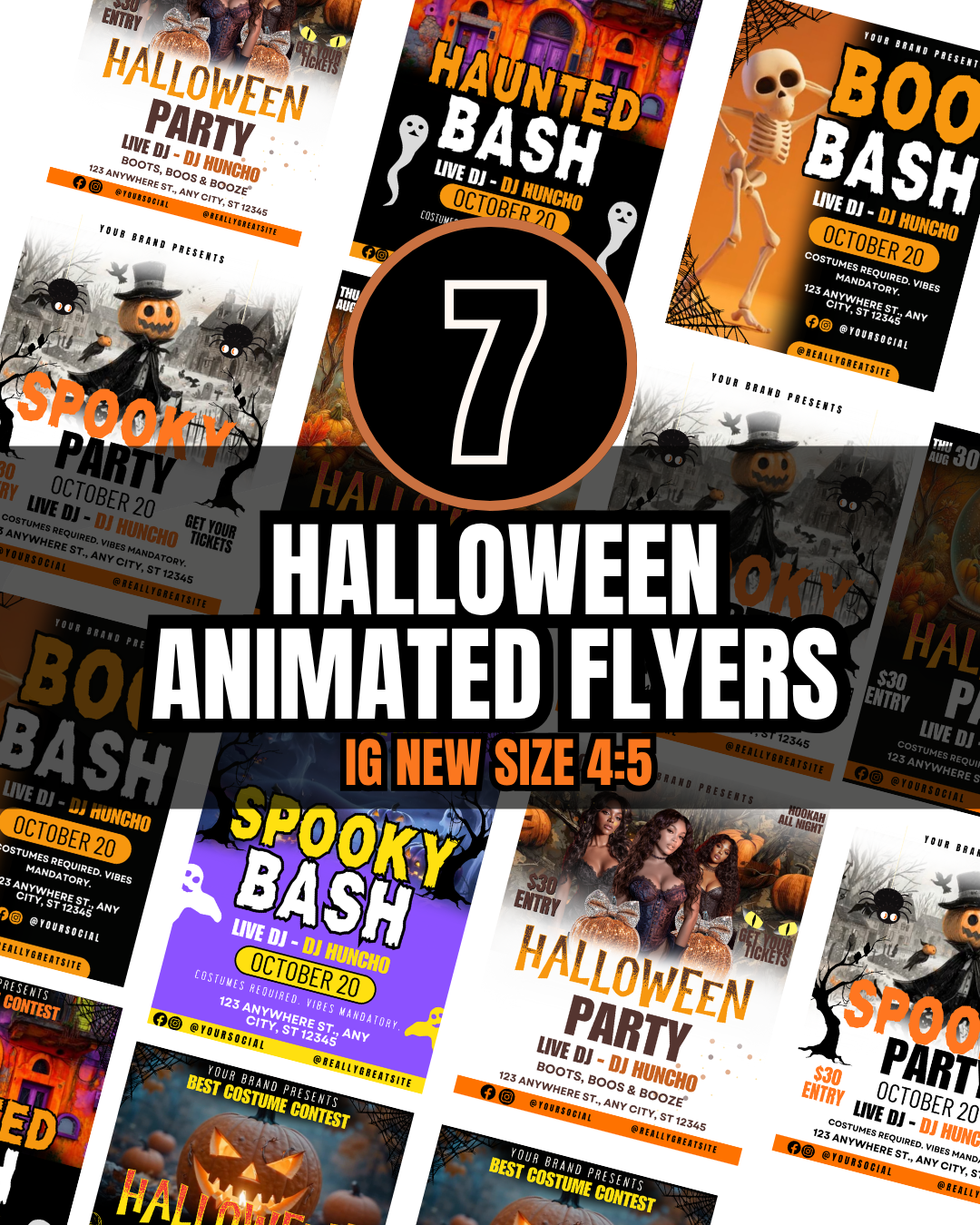 Animated Halloween Party Flyer Bundle | 7 Editable Canva Templates | 4:5 IG Size | Spooky Event, Costume Party, or Club Promo Animated Templates