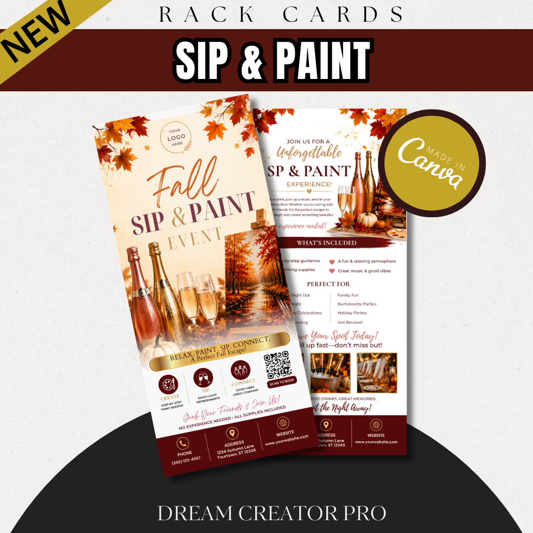 Fall Paint & Sip Rack Card Template | Autumn Paint Party Flyer | Canva Editable Paint Night Marketing | Wine Event Rack Card