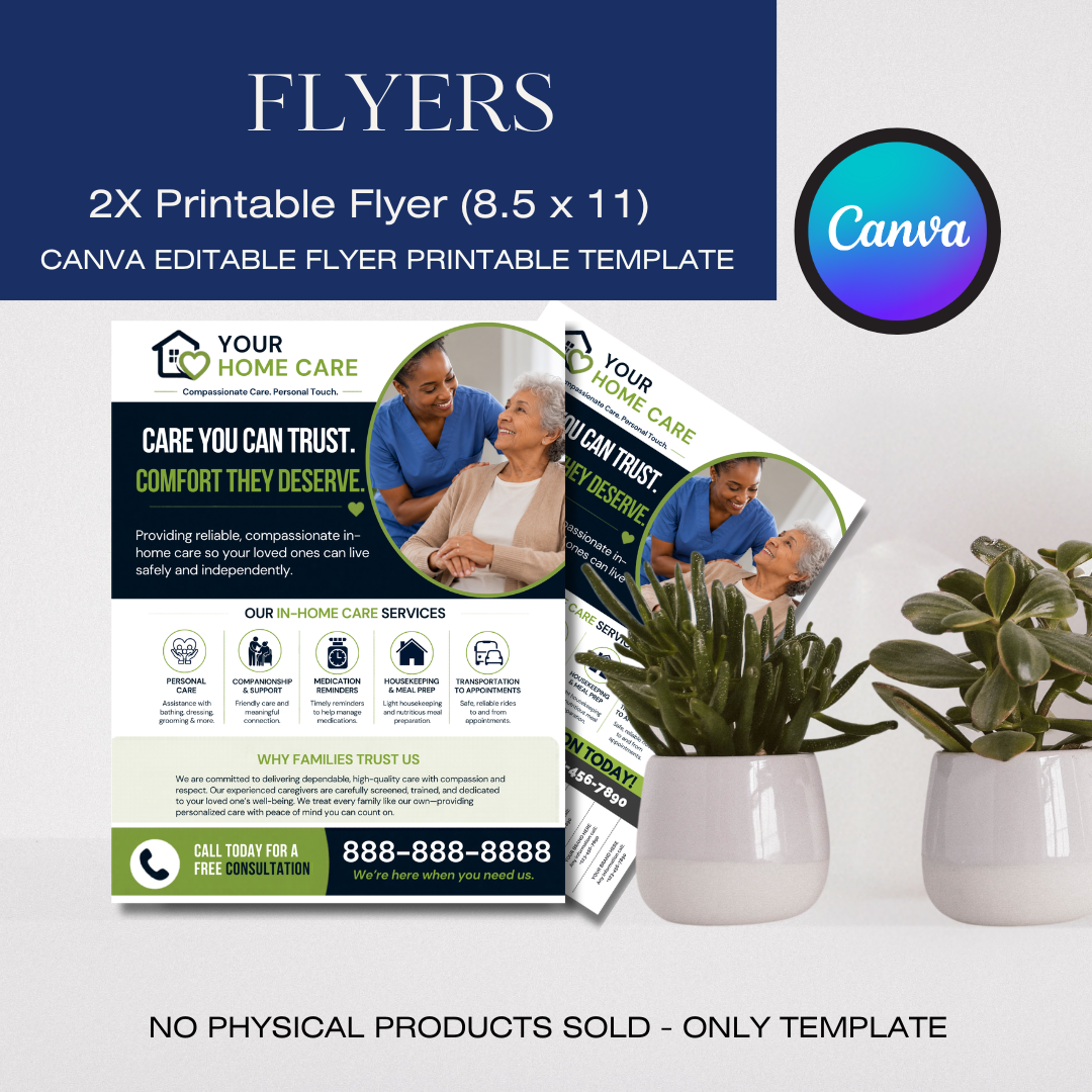 Home Care Marketing Bundle Canva Templates | Caregiver Flyer, Brochure, Yard Sign, Postcard, Business Card, Social Media Kit for Home Care Business