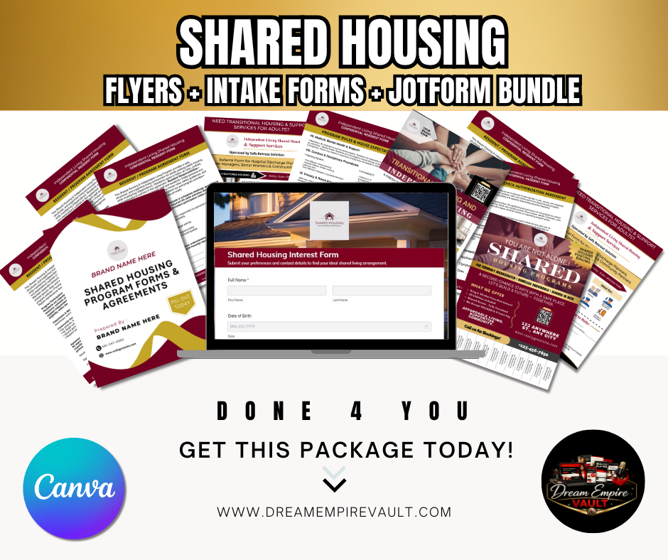 Shared Housing Bundle Canva Template | Transitional Housing Forms + Flyers | Resident Intake Packet | Jotform Intake Form | Independent Living Program Kit
