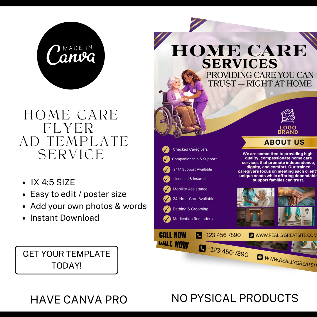 Home Care Service Flyer / DIY Home Care Service Flyer/ Canva Template 2026 / Medical Template / Medical flyer / Medical flyer Template / CNA