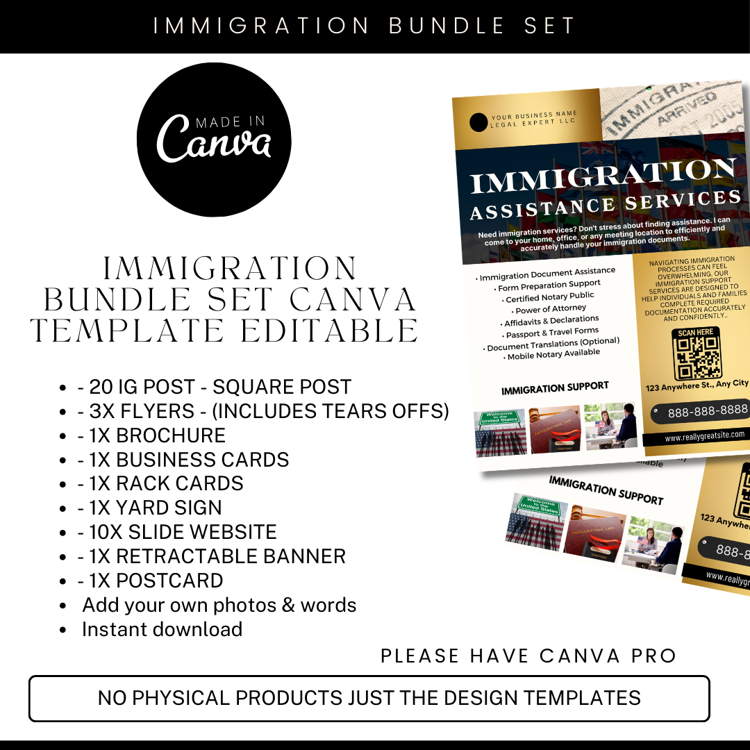 Immigration Services Marketing Bundle | Canva Templates for Flyers, IG Posts, Website, Yard Sign & Retractable Banner