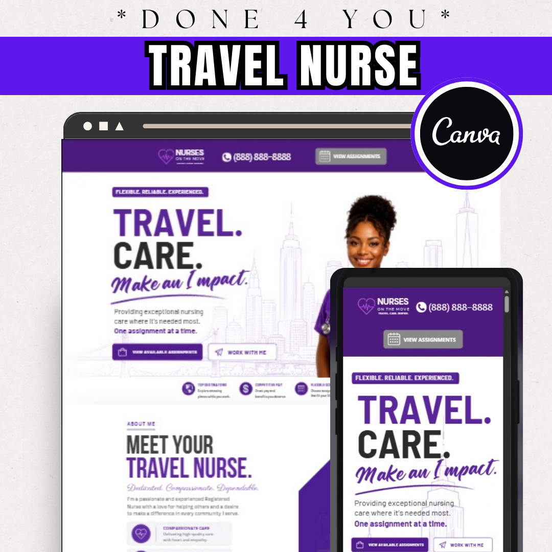 Travel Nurse Website Template Canva | Private Duty Nurse Website | RN Landing Page Design | Healthcare Website Template | Nursing Services