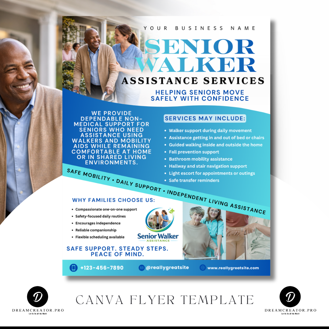 Senior Walker Assistance Flyer Template | Home Care Instagram Flyer | Senior Care Marketing Template | Editable Canva Flyer for Elderly Mobility Services