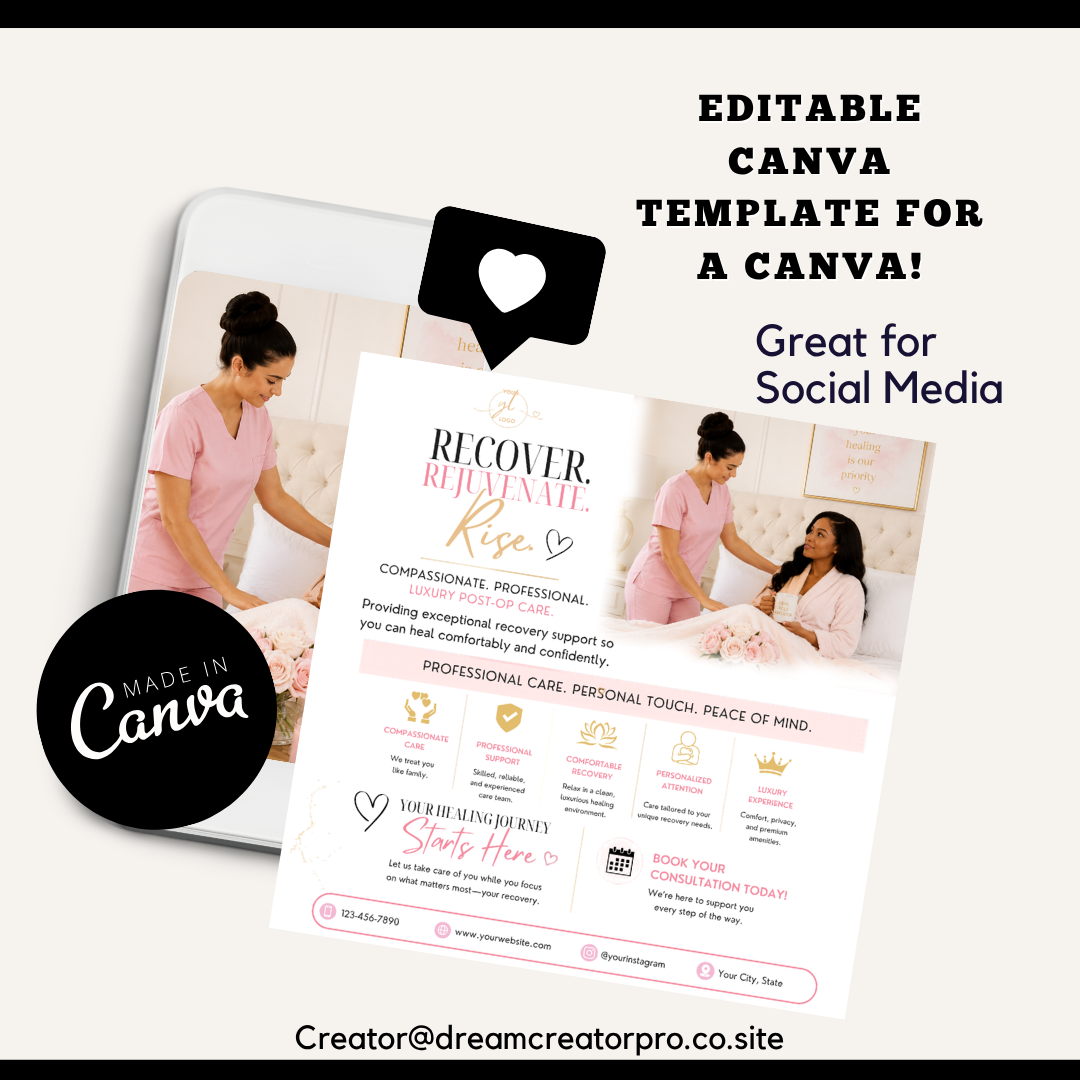 Post Op Care Canva Template Bundle | Luxury Recovery Business Branding Kit | Editable Website, Flyers, Brochure & Social Media Templates