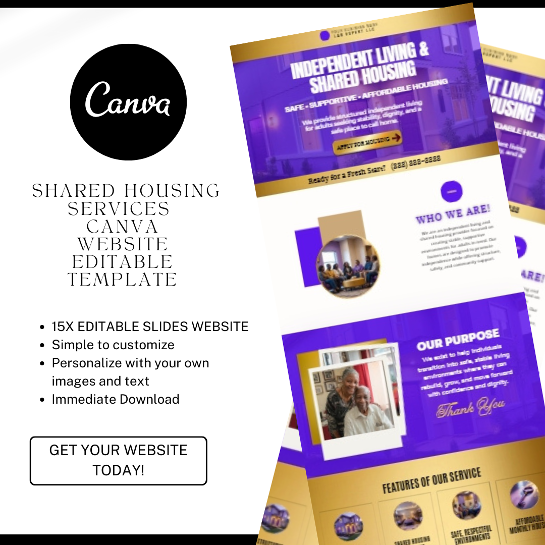 Independent Living Shared Housing Website Template | Editable Canva Site for Transitional Housing, Reentry & Support Services